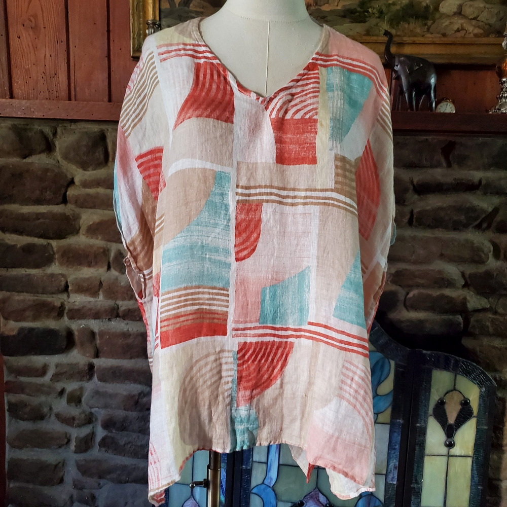 Chicos 100% Linen Poncho Kimono Top Womens Geometric Abstract Oversized Blouse